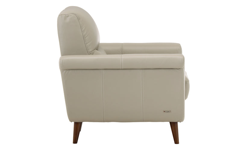Beige armchair with wooden legs on a white background